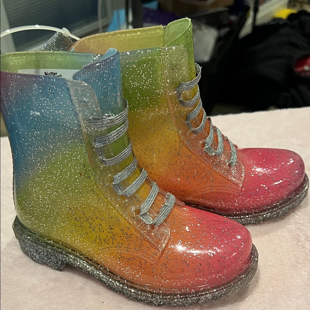 Western Chief Kids Rainbow Glitter Lace-Up Boots